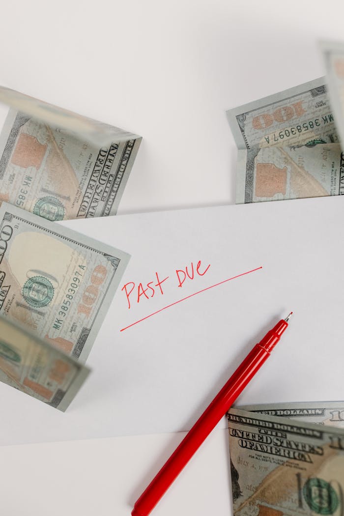 Envelope marked Past Due surrounded by hundred-dollar bills and red pen on white background.
